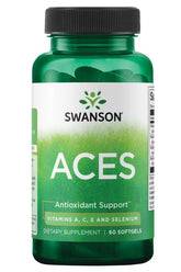 Swanson ACES dietary supplement bottle with vitamins A, C, E, and selenium for antioxidant support.